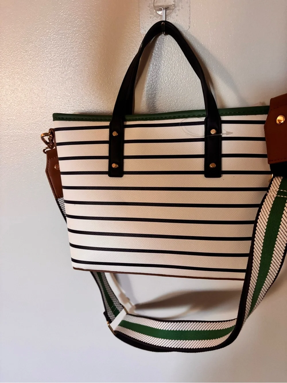 Aldo Navy and White Striped Tote with Green Trim